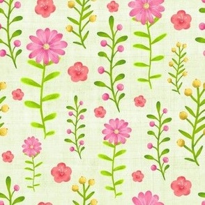 Medium Scale Dainty Watercolor Floral Pink Yellow Green Stems and Flowers on Pale Green
