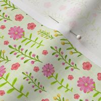 Small Scale Dainty Watercolor Floral Pink Yellow Green Stems and Flowers on Pale Green