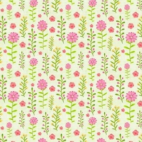 Small Scale Dainty Watercolor Floral Pink Yellow Green Stems and Flowers on Pale Green