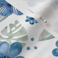 Bigger Scale Blue Watercolor Tropical Flowers with Silver Grey Leaves