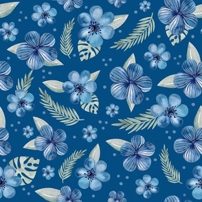 Bigger Scale Blue Watercolor Tropical Flowers with Silver Grey Leaves