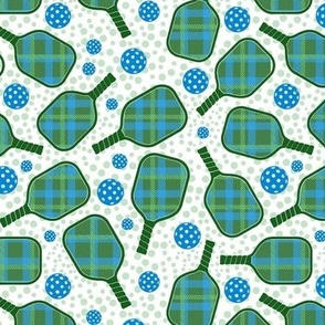 Smaller Scale Pickleball Paddles Balls Green and Blue Plaid