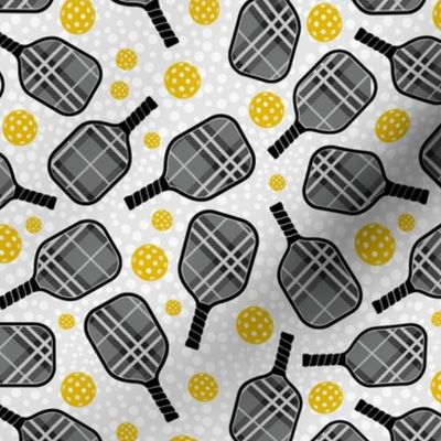 Smaller Scale Pickleball Paddles and Balls Grey and Black Plaid with Yellow