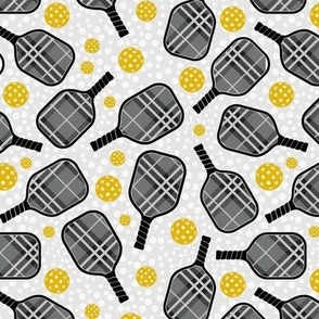 Smaller Scale Pickleball Paddles and Balls Grey and Black Plaid with Yellow