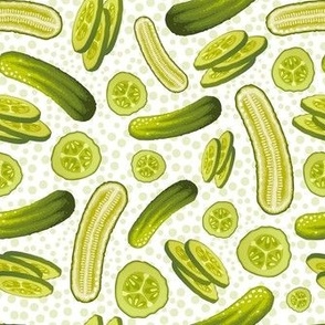 Medium Scale Green Pickle Spears and Slices on White