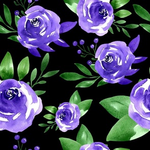 Large Scale Bold Purple Watercolor Roses Green Stems on Black