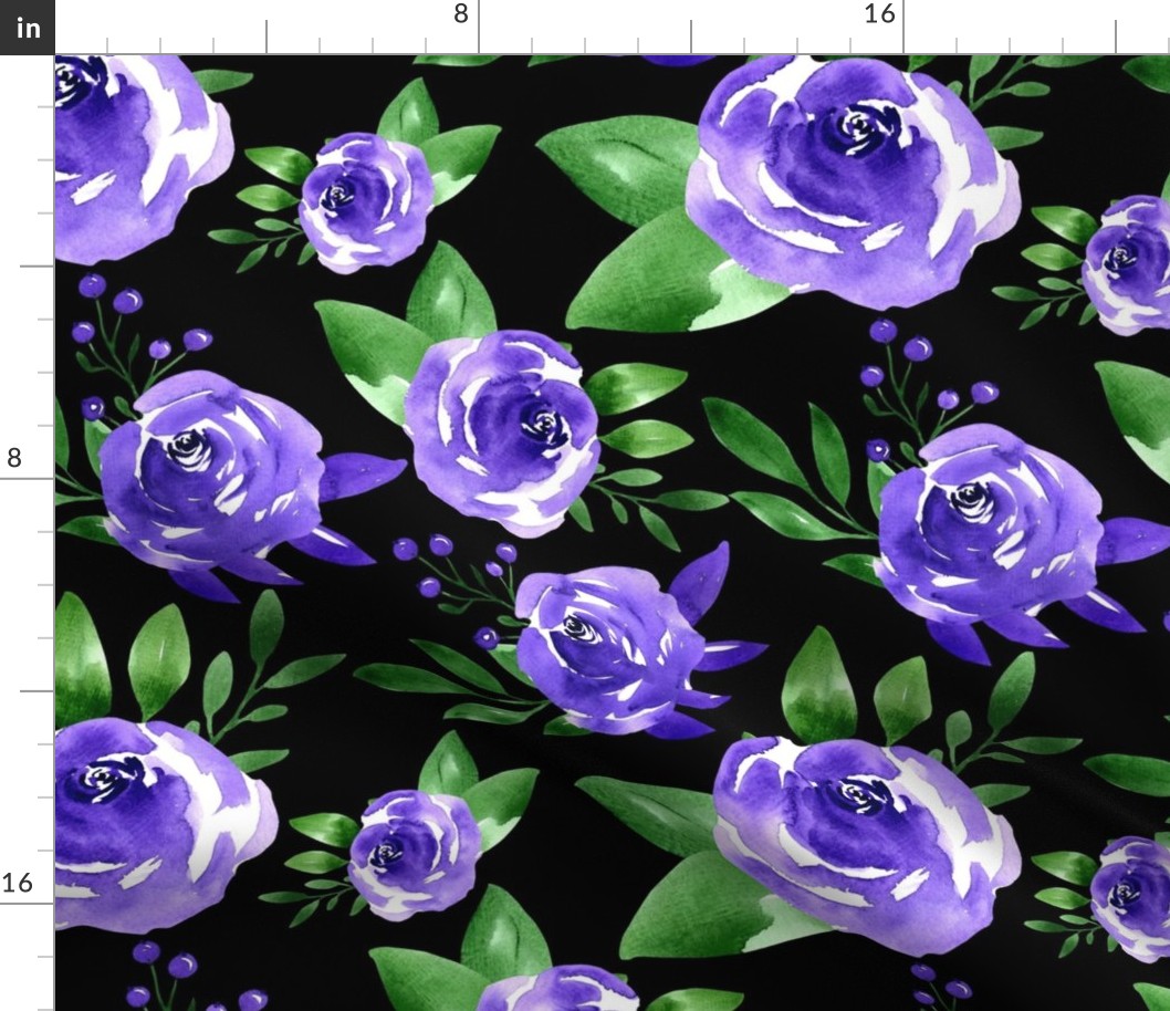 Medium Scale Bold Purple Watercolor Roses Green Stems on Black