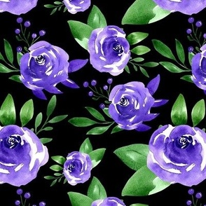 Small Scale Bold Purple Watercolor Roses Green Stems on Black