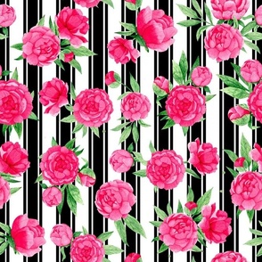 Bigger Scale Hot Pink Peonies Peony Flower Garden on Black French Ticking Stripes
