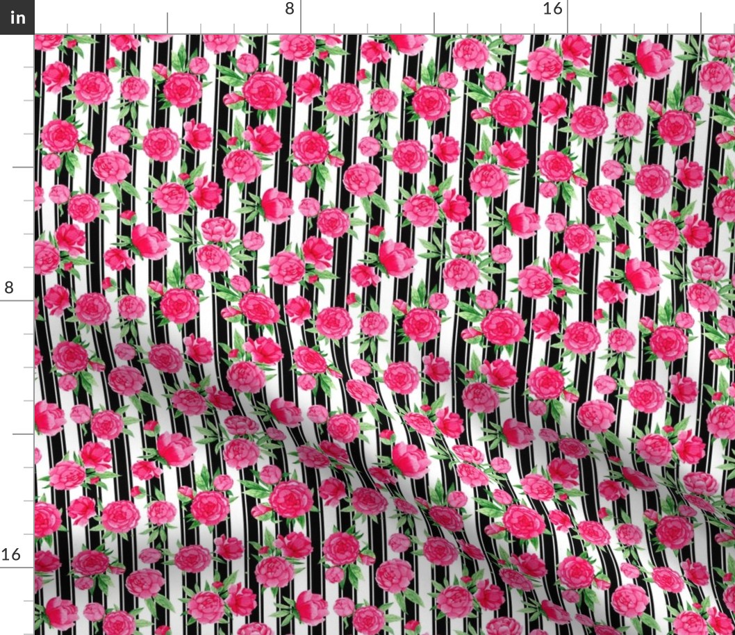 Smaller Scale Hot Pink Peonies Peony Flower Garden on Black French Ticking Stripes