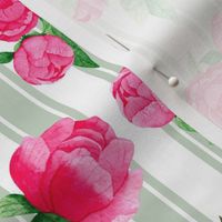 Bigger Scale Hot Pink Peonies Peony Flower Garden on Pale Sage French Ticking Stripes