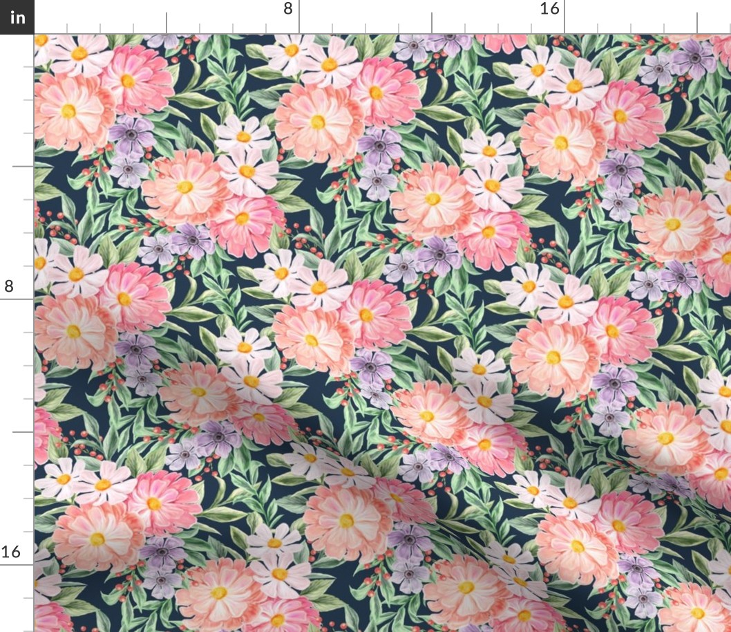 Medium Scale Spring Flower Bouquet Pink Coral Lavender Wildflowers on Navy