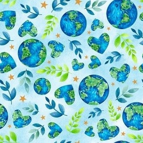 Medium Scale Love Your Planet Watercolor Earth and Hearts in Green Blue