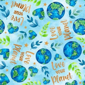 Large Scale Love Your Planet Watercolor Earth and Hearts in Green Blue