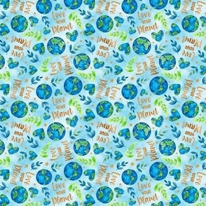 Small Scale Love Your Planet Watercolor Earth and Hearts in Green Blue