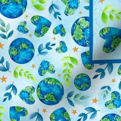 Large 27x18 Fat Quarter Panel Love Your Planet Green Blue Earth and Hearts for Tea Towel or Wall Hanging