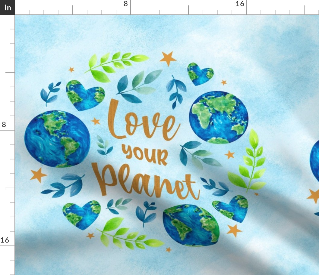 18x18 Pillow Panel Love Your Planet Green Blue Earth and Watercolor Hearts for Throw Pillow or Cushion