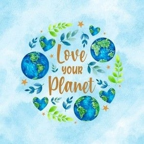 4" Embroidery Hoop Circle Love Your Planet Blue Green Earth and Watercolor Hearts for Wall Art or Quilt Square