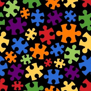 Large Scale Puzzle Pieces Bright Rainbow Colors on Black