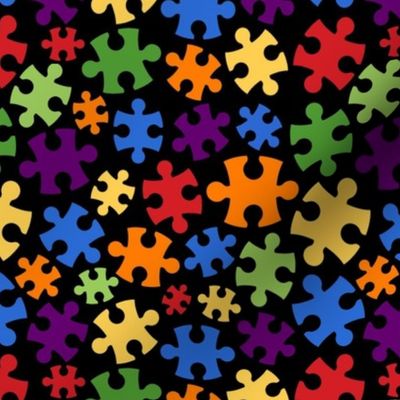 Medium Scale Puzzle Pieces Bright Rainbow Colors on Black