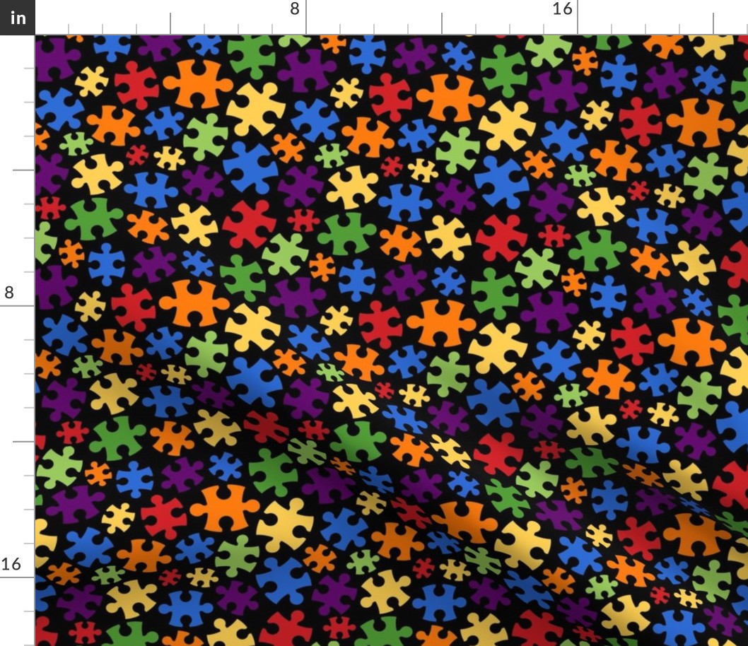 Medium Scale Puzzle Pieces Bright Rainbow Colors on Black