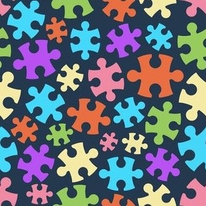 Medium Scale Puzzle Pieces Soft Palette Rainbow Colors on Navy