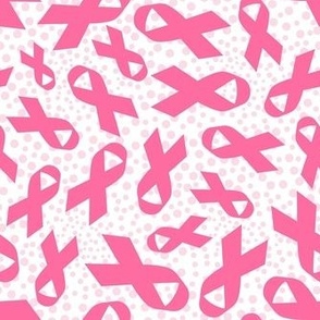 Medium Scale Hot Pink Awareness Ribbons Polkadots on White