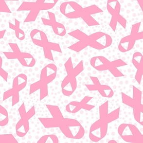 Large Scale Light Pink Awareness Ribbons Polkadots on White