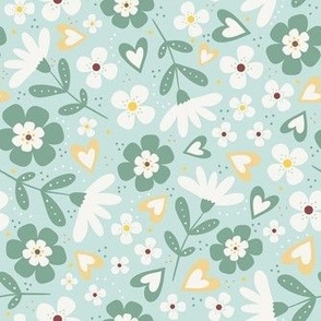 Medium Scale Sweet Floral in Soft Sage, Golden Yellow Coffee Brown