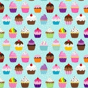 Small Scale Colorful Cupcakes on Aqua Blue