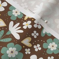Medium Scale Sweet Floral in Soft Sage, Golden Yellow on Coffee Brown