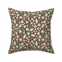 Medium Scale Sweet Floral in Soft Sage, Golden Yellow on Coffee Brown