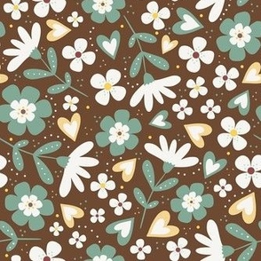 Medium Scale Sweet Floral in Soft Sage, Golden Yellow on Coffee Brown