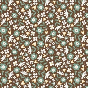 Small Scale Sweet Floral in Soft Sage, Golden Yellow on Coffee Brown