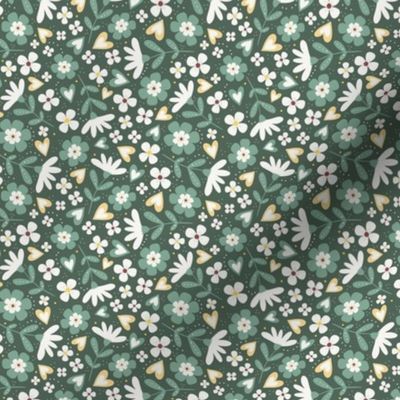 Small Scale Sweet Sage Green Fall Floral Golden Yellow Coffee Brown