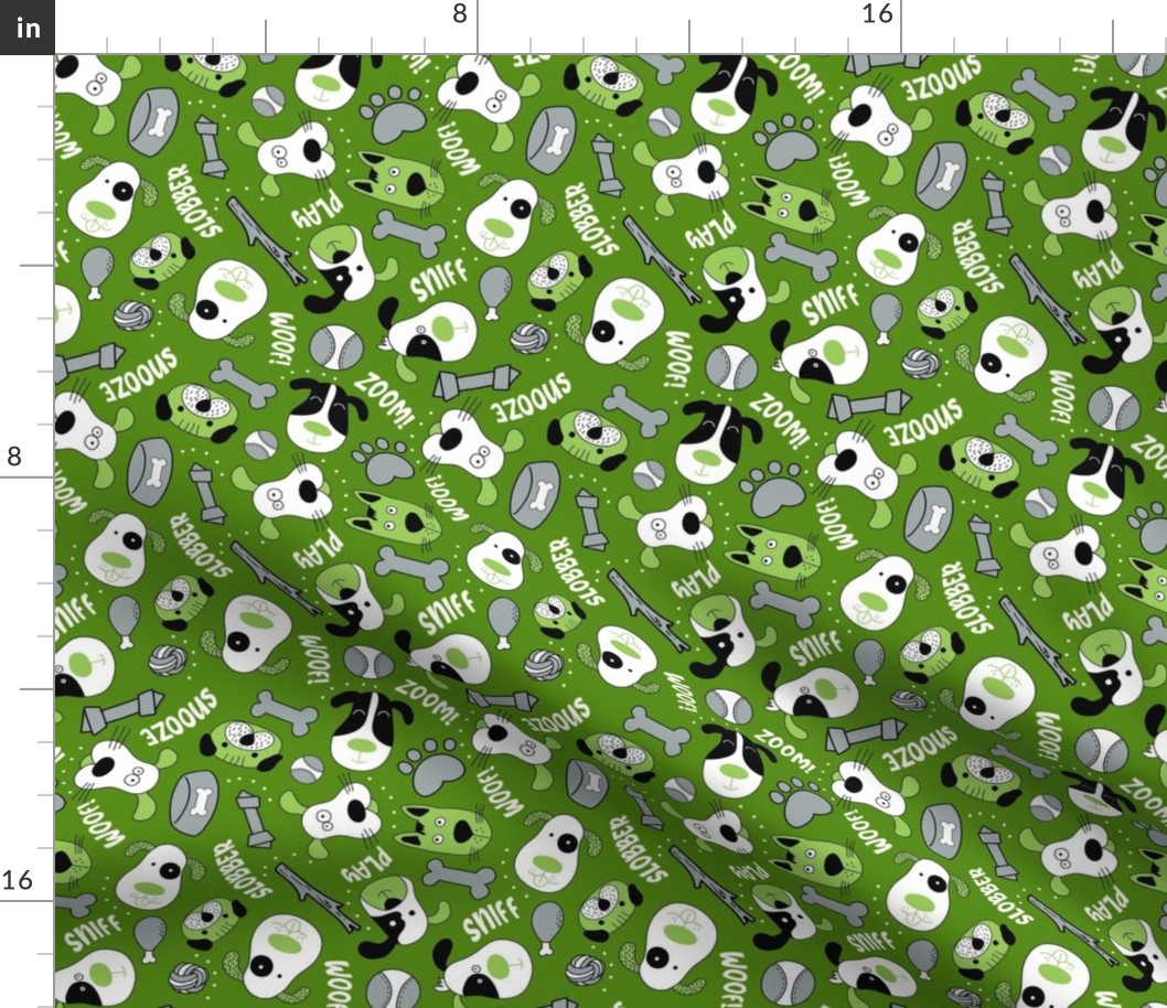 Medium Scale Silly Puppy Dog Face Doodles in Black White Green