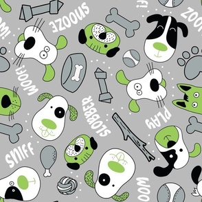 Large Scale Silly Puppy Dog Face Doodles in Black White Green Grey