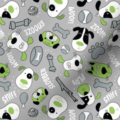 Medium Scale Silly Puppy Dog Face Doodles in Black White Green Grey