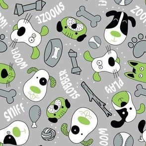 Medium Scale Silly Puppy Dog Face Doodles in Black White Green Grey