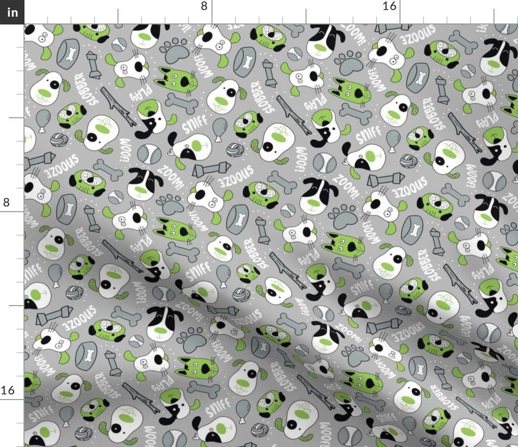 Medium Scale Silly Puppy Dog Face Doodles in Black White Green Grey