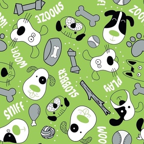 Large Scale Silly Puppy Dog Face Doodles in Black White Lime Green Grey
