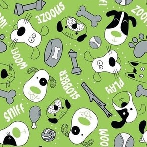 Medium Scale Silly Puppy Dog Face Doodles in Black White Lime Green Grey