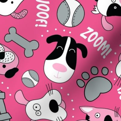 Large Scale Silly Puppy Dog Face Doodles in Black White Hot Pink Grey