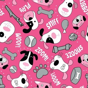 Large Scale Silly Puppy Dog Face Doodles in Black White Hot Pink Grey