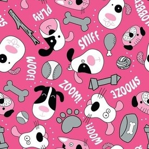 Medium Scale Silly Puppy Dog Face Doodles in Black White Hot Pink Grey
