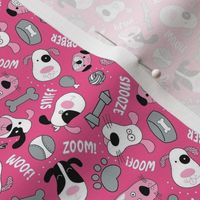 Small Scale Silly Puppy Dog Face Doodles in Black White Hot Pink Grey