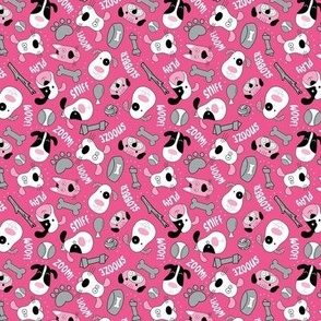 Small Scale Silly Puppy Dog Face Doodles in Black White Hot Pink Grey