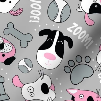 Large Scale Silly Puppy Dog Face Doodles in Black White Pink Grey