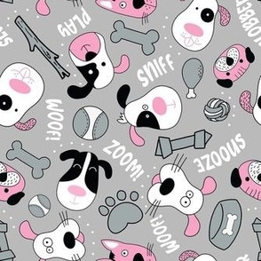 Medium Scale Silly Puppy Dog Face Doodles in Black White Pink Grey