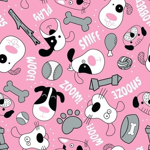 Large Scale Silly Puppy Dog Face Doodles in Black White Pink Grey